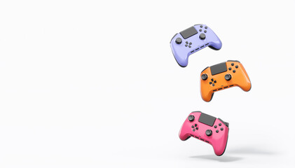Realistic colorful video game joysticks or gamepads with color buttons on white