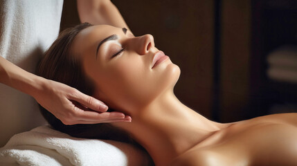 The woman lay on the sofa on her back with her eyes closed and enjoyed. She receives a relaxing and therapeutic suspended head massage. Spa client. Wellness medical treatments in spa - obrazy, fototapety, plakaty