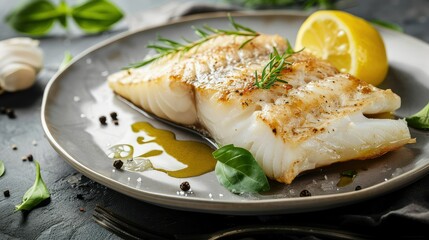 Delicious cod baked in super detail on a tray on the table.