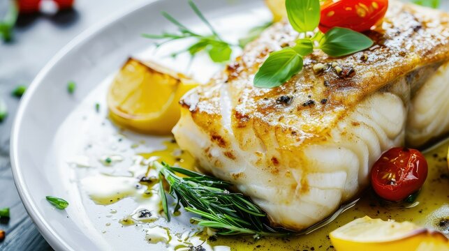 Delicious cod baked in super detail on a tray on the table.