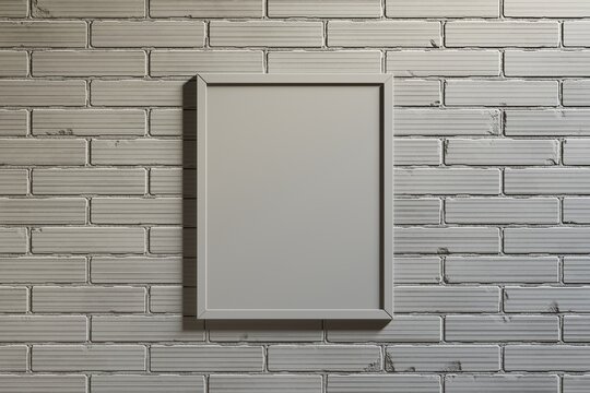 Empty white frame on white brick wall, 3d wooden frame, 3d render picture frame