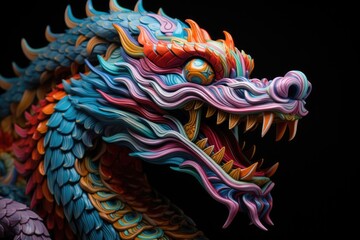 Fototapeta na wymiar Vibrant close-up of a Chinese dragon sculpture set against a black backdrop, ideal for New Year projects.