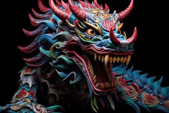 Vibrant close-up of a Chinese dragon sculpture set against a black backdrop, ideal for New Year projects.