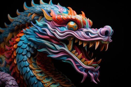 Vibrant close-up of a Chinese dragon sculpture set against a black backdrop, ideal for New Year projects.