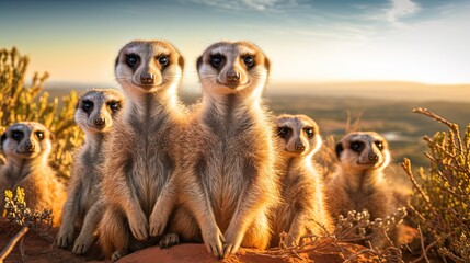 meerkat family in the savannah on a sunny day - Powered by Adobe