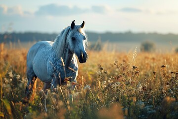 wild white horse grazing in a meadow at sunset on blurred background