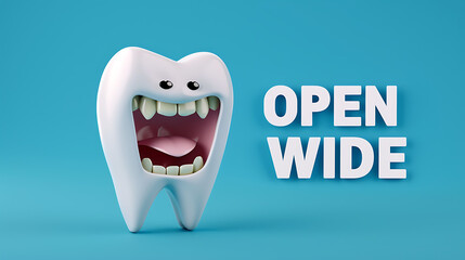 Open Wide Tooth Character on Blue Background