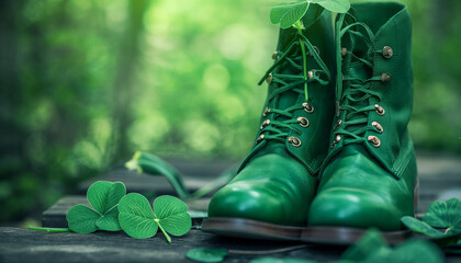 Boots shoe leprechaun, green background. St. Patrick's Day concept.  - obrazy, fototapety, plakaty