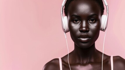 A woman with dark skin wearing white headphones against a pink background.