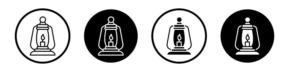 Camping lantern icon set. Old camp vintage gas lamp vector symbol in a black filled and outlined style. old oil lamp sign.