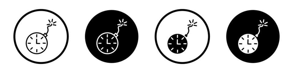 Time bomb with clock icon set. Clock ticking deadline vector symbol in a black filled and outlined style. Bomb style clock sign. - obrazy, fototapety, plakaty