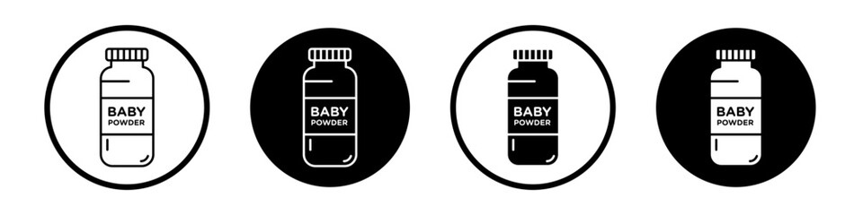 Baby powder icon set. Soft Talcum powder vector symbol in a black filled and outlined style. Baby Talcum Powder with Milk sign.
