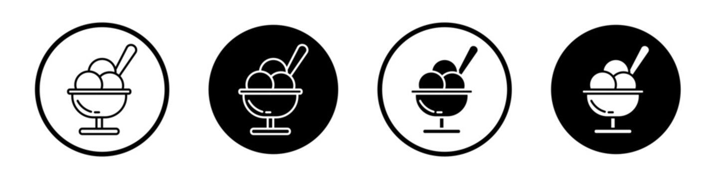Ice cream icon set. Choclate icecream scoop in a bowl vector symbol in a black filled and outlined style. Milk and Yogurt ice cream scoops sign.