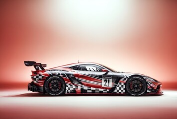 a sports car with a race track-themed wrap