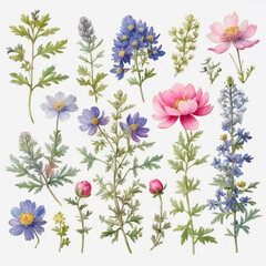 set of watercolor painted flowers