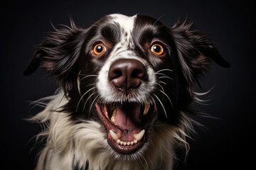 Portrait of a surprised, smiling dog with an open mouth on a black background. Funny, humorous photo, meme