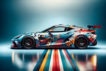 a sports car with a music-themed wrap