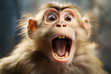 Close-up portrait of a surprised, shocking monkey with its mouth open. Humorous photo, meme - obrazy, fototapety, plakaty