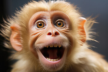 Close-up portrait of a surprised smiling monkey with his mouth open. Humorous photo, meme - obrazy, fototapety, plakaty