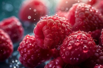 Close-up of raspberries in water droplets