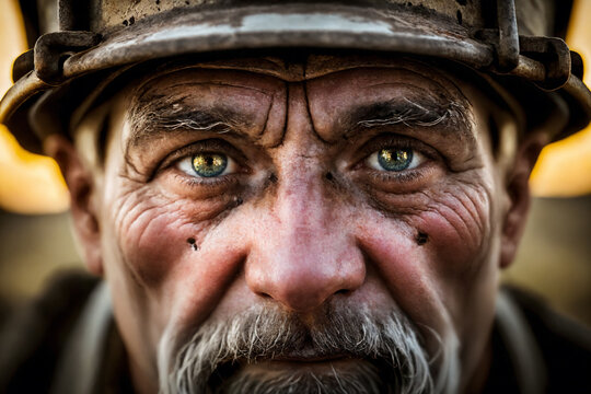An extreme closeup shot of an old coal miner - hard work concept