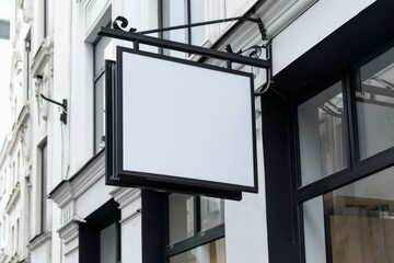 Blank White Square Store Signboard. Illuminated Lightbox on a Black Corrugated Wall. White empty outdoor business signage mock up to add company logo
