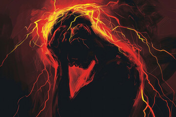A person holds his head in pain, red and yellow flashes indicate the pain in his head and back, headache, healthcare - obrazy, fototapety, plakaty