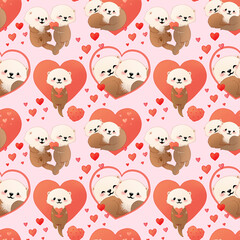 Fototapeta premium Cute cartoon otters in love. Valentine's day seamless pattern. Hand drawn art of loving couple