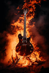 A Guitar Enveloped in Orange-Red, Dancing Flames of Passion