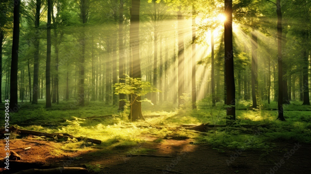 Poster a sunbeam shines through the trees in a forest with a dirt path in the foreground and a tree stump i