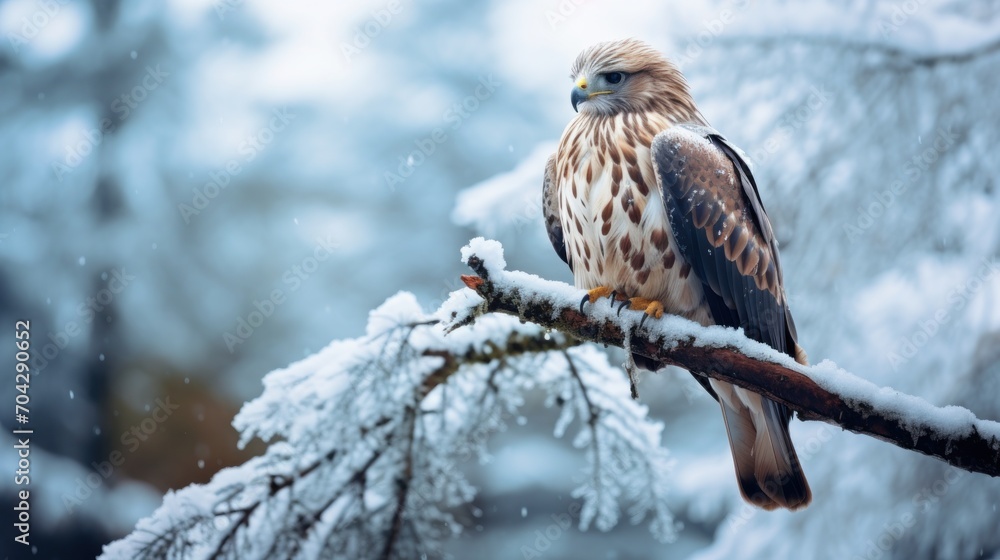 Poster a bird of prey sitting on a branch of a tree in a snow covered forest with snow on the branches.