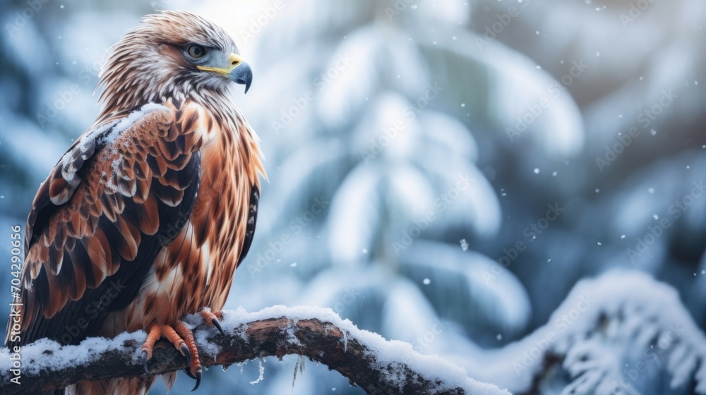Poster a close up of a bird of prey on a branch with snow on the ground and trees in the background.