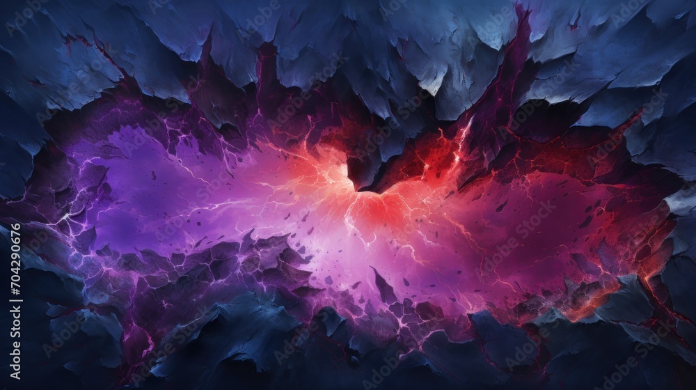 Poster a computer generated image of a purple, red and blue fractal pattern with a black background and a r