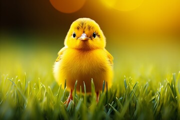 Cute Yellow Chick with Decorated Easter Egg on Green Grass. Vibrant Easter Concept