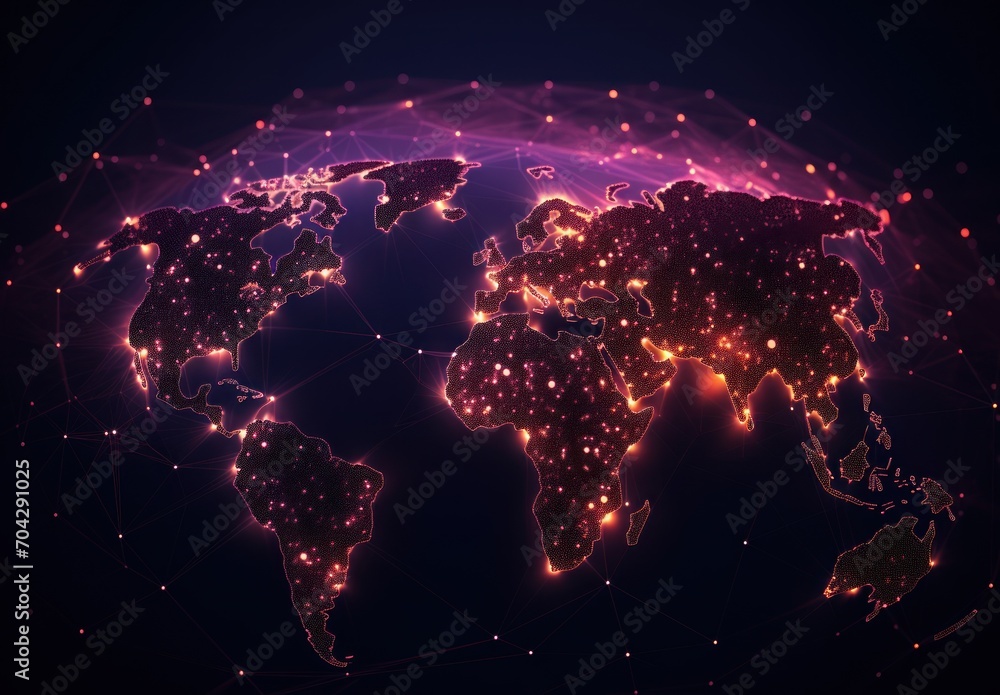 Poster a map of the world is shown with a lot of lights in the middle of the image and a lot of dots in the
