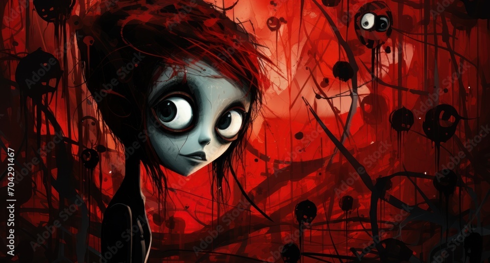 Poster a close up of a person with a creepy look on their face and a background of red and black circles.