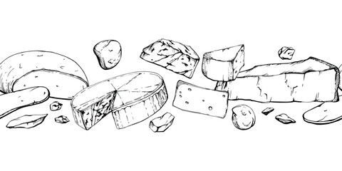 Hand drawn vector ink illustration. Assortment of cheese mozzarella parmesan edam emmental gruyere gorgonzola. Seamless border isolated on white. Restaurant menu, cafe, food shop package, flyer print. - obrazy, fototapety, plakaty