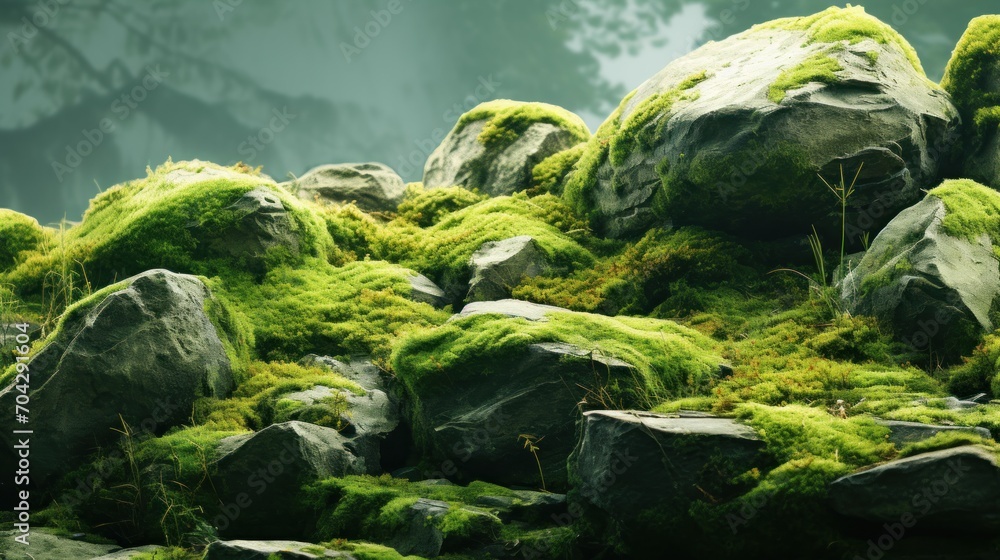 Aufkleber a bunch of moss growing on rocks in the middle of a forest with trees in the background and a foggy 