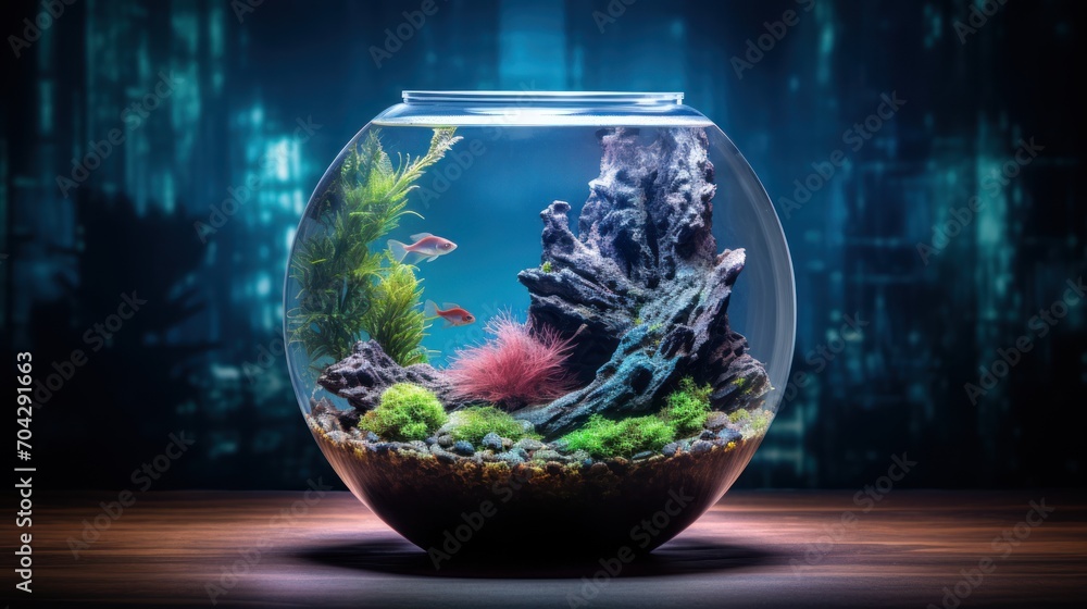 Poster a fish that is inside of a bowl with some rocks and plants inside of it and a fish tank in front of 