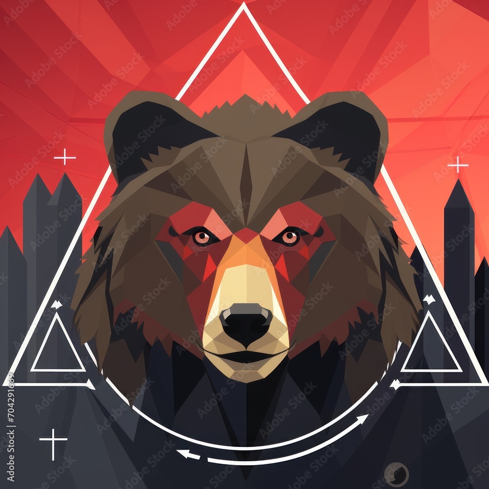 Poster a bear's head with a triangle in the middle of it and a cityscape in the background.