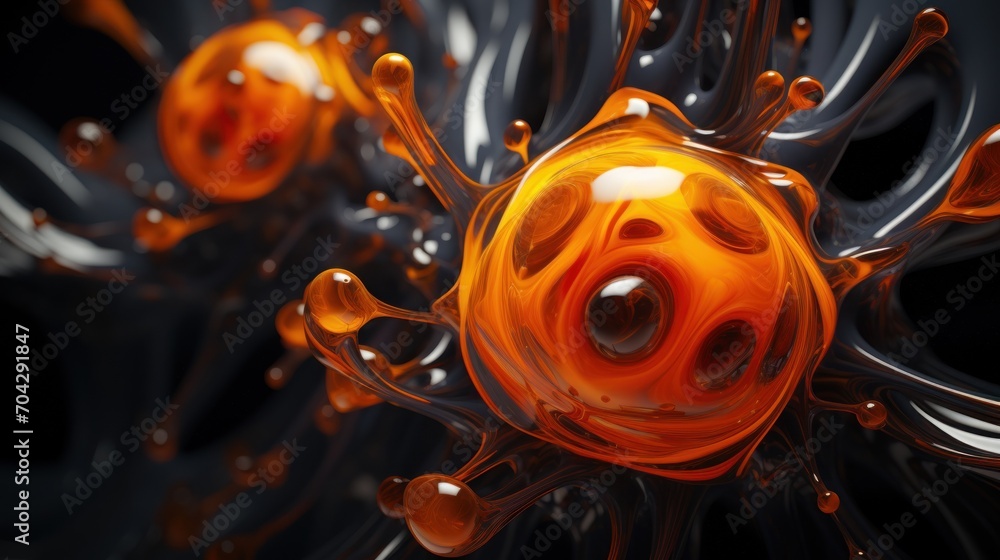 Poster a close up of an orange and black object with drops of water on it and a black background with orang