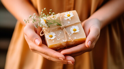Handmade soap in the hands of a woman. Selective focus.