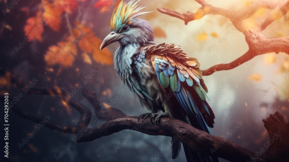 Poster a bird sitting on top of a tree branch with a mohawk on it's head and colorful feathers on it's head