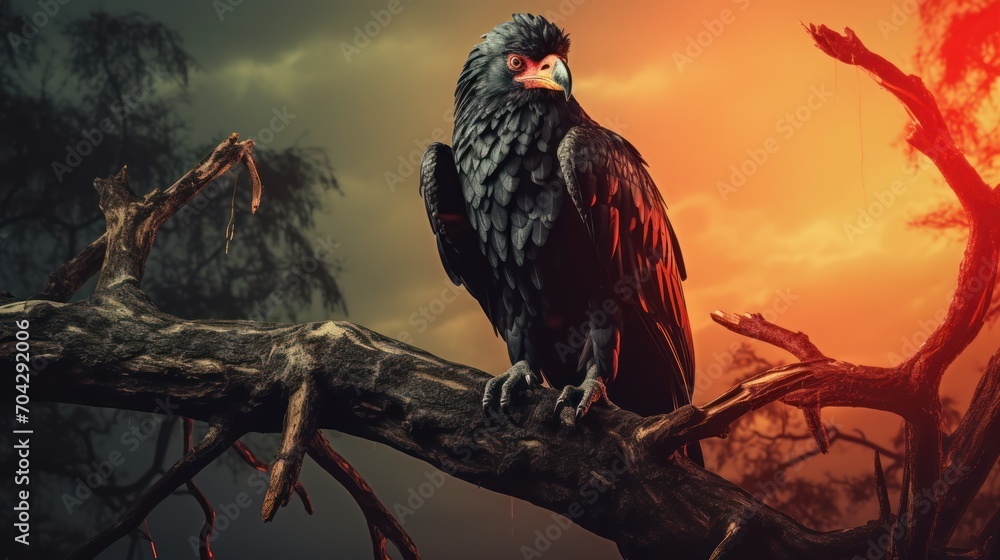 Poster a large black bird perched on top of a tree branch in front of a red and black sky with clouds.