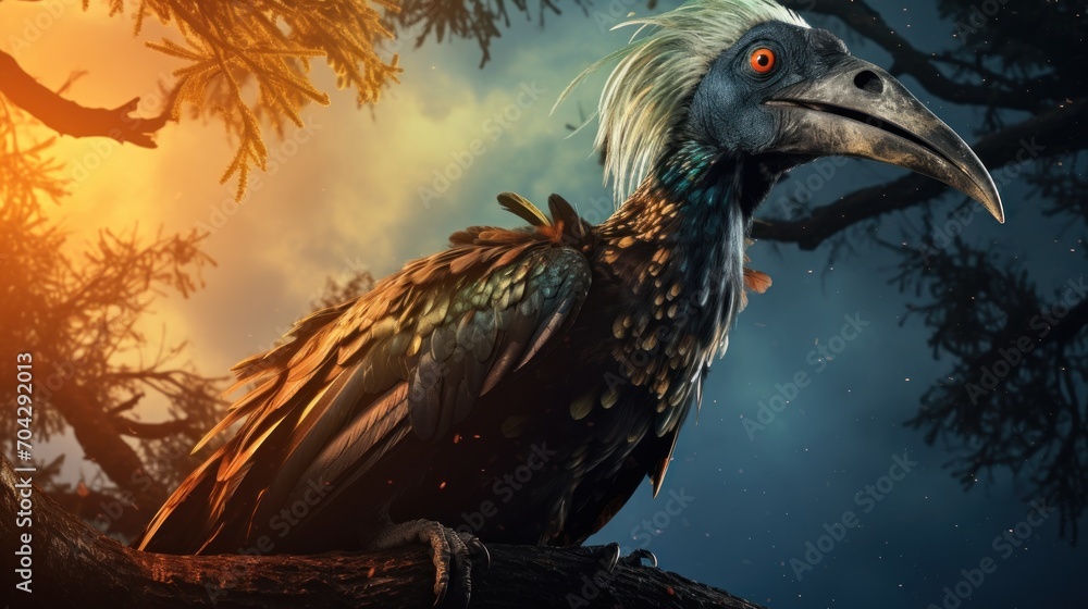 Poster a bird sitting on top of a tree branch in front of a sky filled with stars and a full moon.