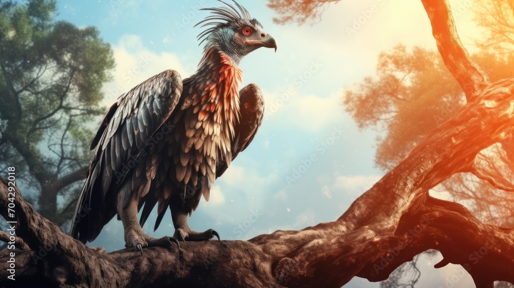 Poster a bird sitting on top of a tree branch with a sky in the background and clouds in the foreground.