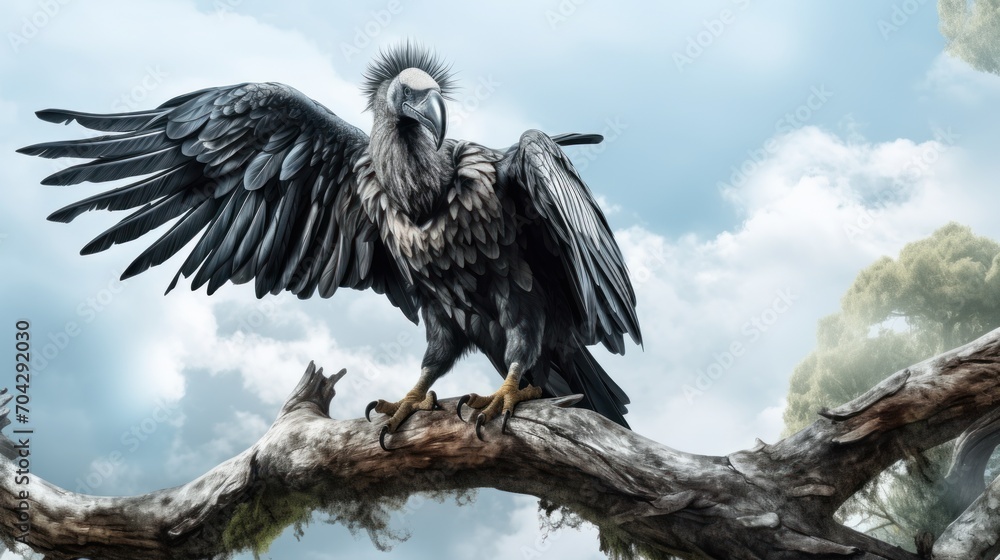 Poster a bird sitting on top of a tree branch with its wings wide open and wings wide open, with a cloudy s