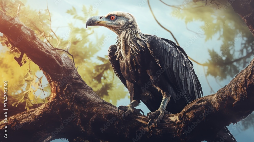 Poster a large bird sitting on top of a tree branch next to a lush green forest filled with lots of trees.