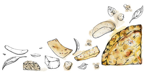 Hand drawn watercolor ink illustration. Quattro formaggi four cheeses pizza slice, Italian cuisine. Composition isolated on white. Design for restaurant menu, cafe, food shop or package, flyer print.