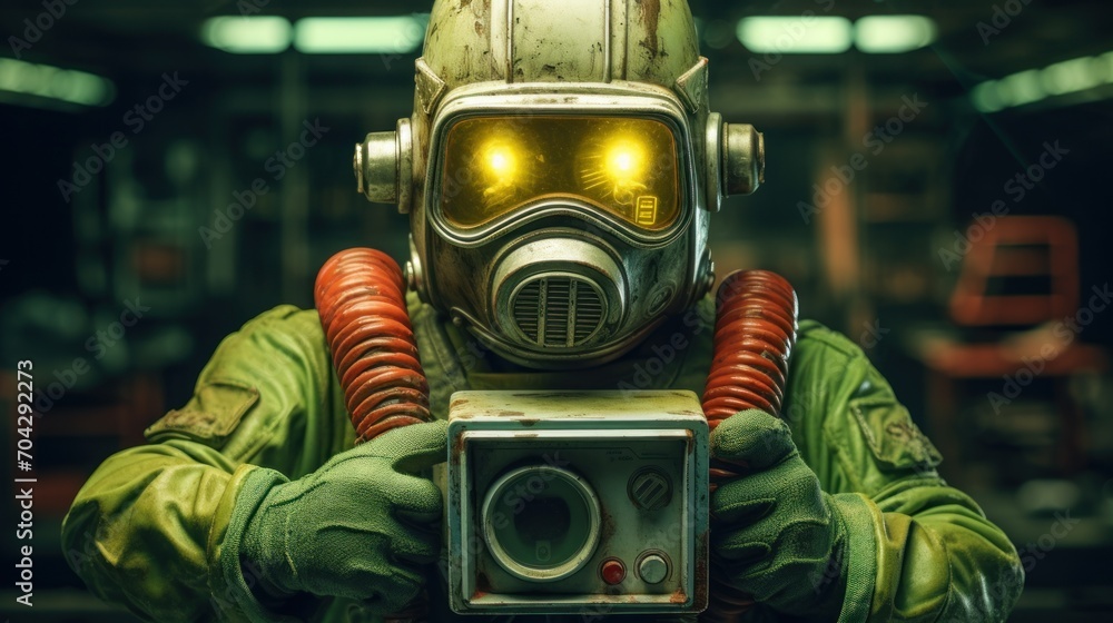 Poster a man in a gas mask and goggles holding a camera in front of his face with a camera in front of him.